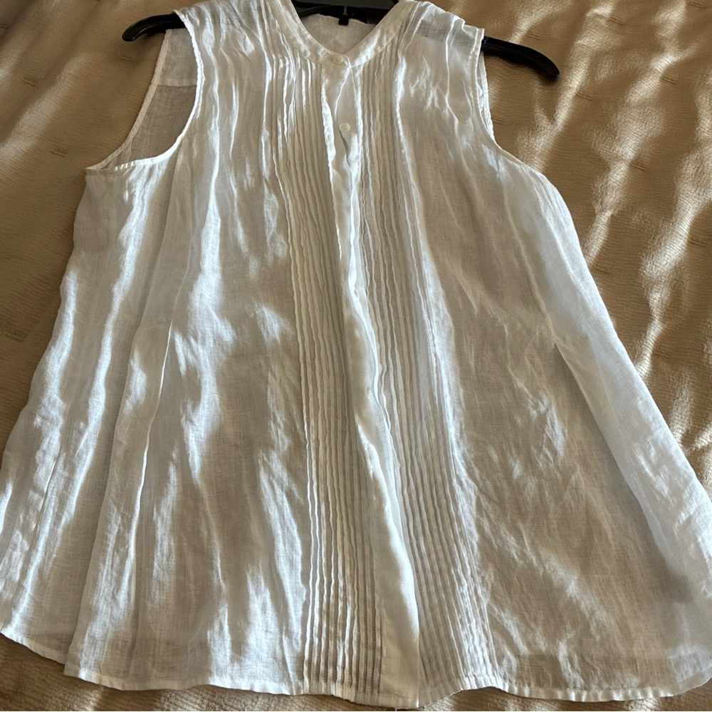 Theory White Sleeveless Pintuck Linen Blend Top